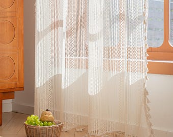 Bohomian Lace Crochet Vorhang, Beige Hohlwelle Semi-Sheer Vorhang Volants, Naw Bauernhaus Küchenvorhang, Cafe Vorhänge mit Quasten