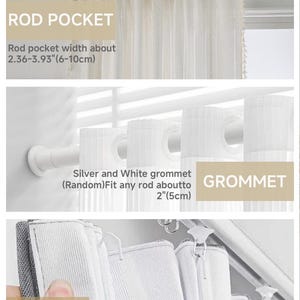 May include: A white curtain panel shown in three hanging styles: a rod pocket with a width of 2.36-3.93 inches, a grommet style fitting rods up to 2 inches, and a hook attachment system that includes approximately 7 hooks per pack.