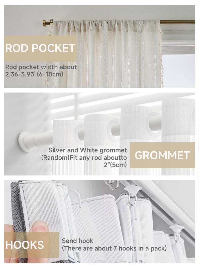 May include: A white curtain panel shown in three hanging styles: a rod pocket with a width of 2.36-3.93 inches, a grommet style fitting rods up to 2 inches, and a hook attachment system that includes approximately 7 hooks per pack.