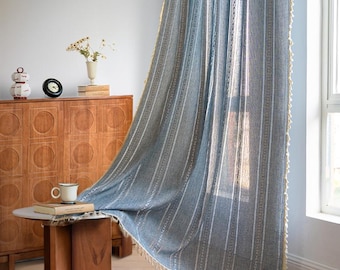 Blaue Boho Chic Vorhänge, Baumwolle Leinen Vorhänge Panel, Bauernhaus Küchenvorhänge, Vorhänge für Wohnzimmer und Schlafzimmer, benutzerdefinierte Vorhanggröße