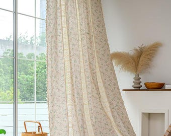 New Farmhouse Curtain, Crochet Hollow Splicing Flower Curtain, Semi Blackout Boho Style Cotton Linen Beige Curtain for Bedroom, Living Room