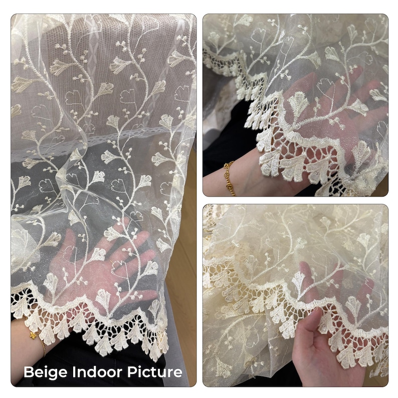 May include: A sheer beige fabric curtain featuring an intricate embroidered floral vine pattern and a scalloped lace border. The lightweight material has a delicate, semi-transparent texture with detailed stitching throughout the botanical design.