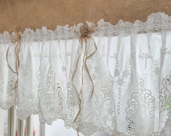 Cortinas de ventana rústicas vintage personalizadas de arpillera con encaje blanco, cenefa para cocina estilo granja, cortinas de café estilo shabby chic.