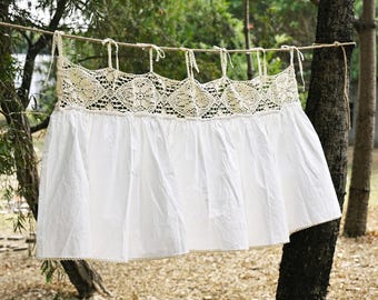 Custom Shabby Crochet Lace Curtain, Tie Top Valance, Valance Kitchen Curtain, Cafe Curtain, French Country Style Lace Hollow Window Curtains