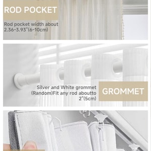 Op de afbeelding: Detailopname van gordijnkenmerken, met stangzak, grommet en haakopties. De stangzakbreedte is ongeveer 6-10 cm. Grommets passen op stangen van ongeveer 5 cm. Inclusief haken, ongeveer 7 per verpakking.