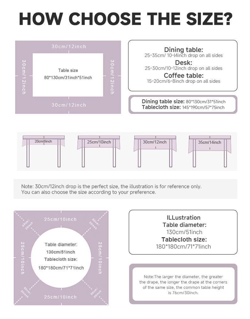 May include: Diagram illustrating how to choose the right tablecloth size. Includes measurements in inches and centimeters for dining tables, desks, and coffee tables. Text explains drop sizes and table diameter.