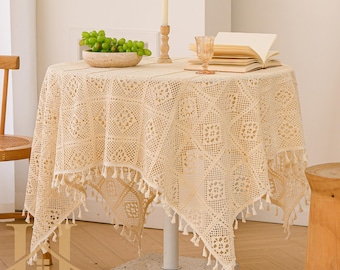 Vintage Beige Crochet Hollow Lace Tablecloth With Tassels, Rectangle Tablecloth, Square Tablecloth, Round Tablecloth, Blue, Green, Black