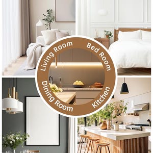 May include: A collage of four interior spaces featuring a living room, bedroom, dining room, and kitchen, with a central brown circular frame containing the text Living Room, Bed Room, Dining Room, and Kitchen in white capital letters.