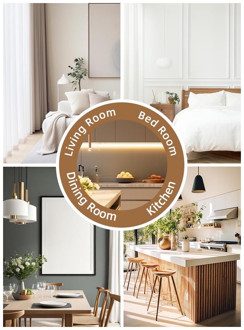 May include: A collage of four interior spaces featuring a living room, bedroom, dining room, and kitchen, with a central brown circular frame containing the text Living Room, Bed Room, Dining Room, and Kitchen in white capital letters.