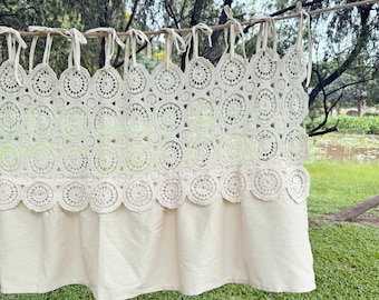 Cortina de café tejida a mano con flores, de lino con volantes, estilo rústico, con cenefa de encaje y tamaño personalizado.