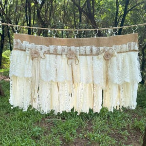Custom Burlap Beige Ivory Lace Window Curtains Valance,  Farmhouse Country Kitchen Curtain, Shabby Chic Cafe Curtains, H-25in (63cm)