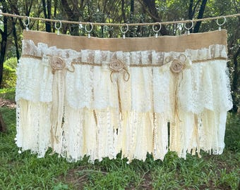 Custom Burlap Beige Ivory Lace Window Curtains Valance,  Farmhouse Country Kitchen Curtain, Shabby Chic Cafe Curtains, H-25in (63cm)