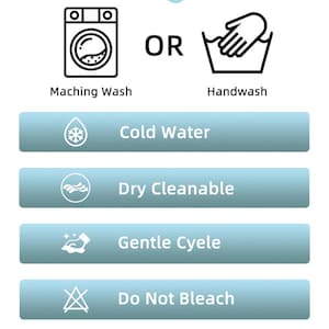May include: An instructional graphic titled WASHING TIPS featuring icons for machine wash or handwash. Below are five light blue horizontal bars with white text: Cold Water, Dry Cleanable, Gentle Cyele, Do Not Bleach, and Tumble Dry Low Heat.