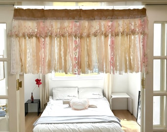 Beige Weiß Rosa Spitze Volant, Shabby Chic Leinen Küchenvorhänge, Vorhänge für Küche, Vorhänge, H 25 Zoll (63 cm)