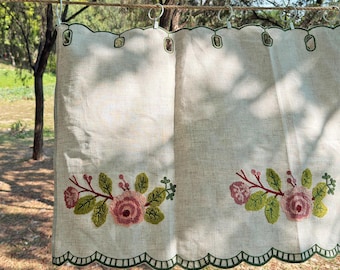 Kitchen Short Curtain, Farmhouse Style Embroidered Curtain, Suitable as Embroidered Drapery for Cafe and Cabinets, Linen Half Curtains