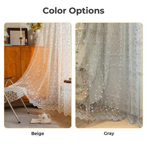 May include: Two sheer curtains with floral embroidery and scalloped lace edges, displayed in beige and gray color options. The text Color Options is centered above the two panels, with Beige and Gray labels below each respective curtain.