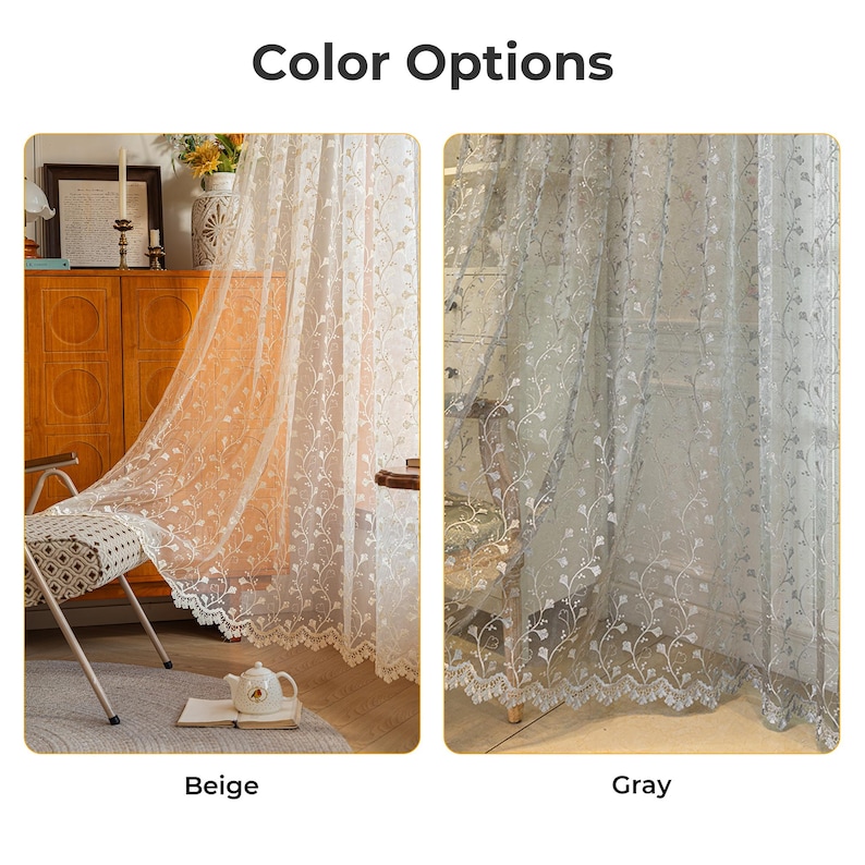 May include: Two sheer curtains with floral embroidery and scalloped lace edges, displayed in beige and gray color options. The text Color Options is centered above the two panels, with Beige and Gray labels below each respective curtain.