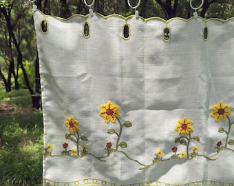 Kitchen Short Curtain,Farmhouse Style Embroidered Sunflower Curtain,Suitable as Embroidered Drapery for Cafe and Cabinets,Linen Half Curtain