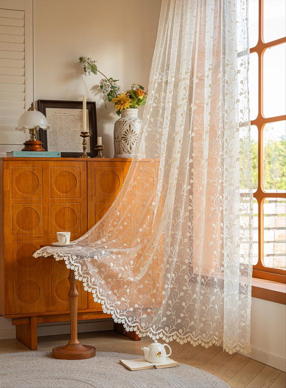 Beige Lace Embroidered Ginkgo Biloba Tulle Curtains, Vintage Floral Living Room & Bedroom Cafe Curtain, Window Treatments, Custom Curtain