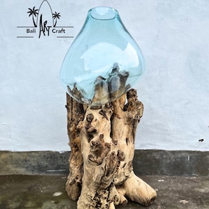 May include: A clear glass vase with a rounded, bulbous shape sits atop a natural, weathered wooden base. The vase is made of blown glass and has a unique, organic shape. The wooden base is made of driftwood and has a rustic, natural look.