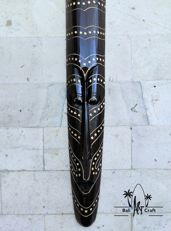 Hand-Carved Albesia Wood Tribal Mask: 38" Black & Gold Boho Wall Decor