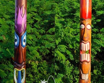 Hand Carved Tiki Masks: 78" Tribal Totem Set, Outdoor Decor Blue and Red Flame