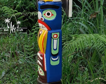 トーテムポール　木製　totem pole 39インチの木製トーテムポール：手彫りの鷲、ホーム＆ガーデン装飾、青