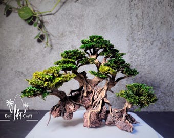 May include: A miniature bonsai tree with lush green foliage and a textured, brown trunk. The tree is set on a naturalistic base, creating a serene and artistic display. The Bali Art Craft logo is visible.