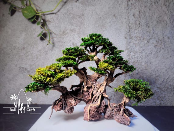 Handcrafted Root Bonsai Tree: Zen Art Decor with Preserved Moss