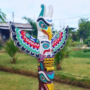 Totem Pole Wood Handmade Craft  Tall 59 Inch/ 150 cm/ 4.9 Feet Indian Art Eagle , Bear monumental carvings garden & home decoration white