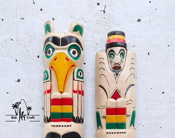 Large Hand Carved Tiki Totem Pole: 39" Tribal Wood Wall Art
