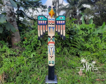 ヴィンテージ手彫り木製トーテムポール：北西部先住民アート（17.6