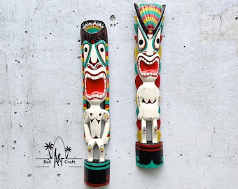 Boho Totem Mask Set: Hand Carved Wood Wall Art, 39''  Vibrant Crown & Spirit Body