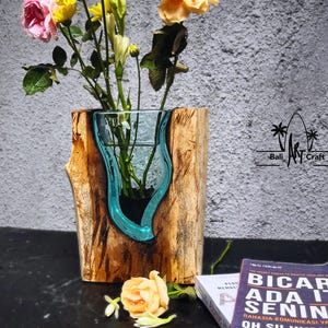 Melted Glasses flower Vases  Stand – Organic Art for Shelf or Table Display 10 Inch Rustic Glass on Wood Table Centerpiece for decor or gift
