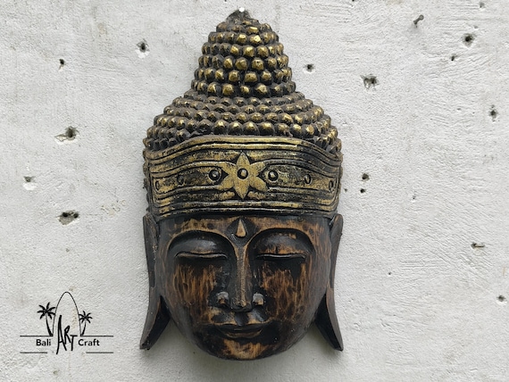 手彫りの木製仏頭壁掛け彫刻 - アンティークゴールドの禅風装飾 - Etsy