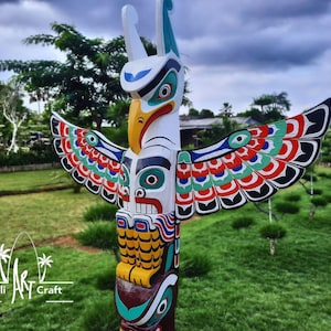 Totem Pole Wood Handmade Craft Tall 78 Inch/ 200 cm/ 6.5 Feet Indian Art Eagle monumental carving garden & home decoration White Brown Color