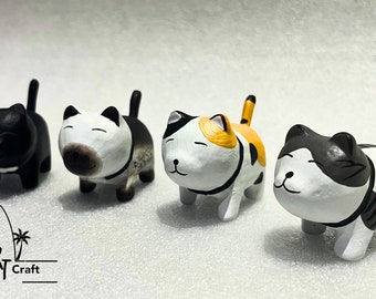 Wood Carved Miniature Cat Figure: Kitten Art Decor