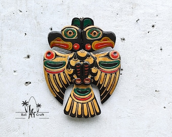 Hand-Carved Wooden Thunderbird Wall Art: Tribal Boho Decor Red, Green & Gold Totem