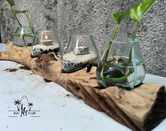 Geschmolzenes Glas & Treibholz Herzstück: Kerzenhalter aus Recyclingglas, Luftpflanzenvase