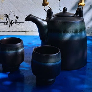 Dark Grey Abstract Teapot set with wooden handle Handmade Pottery Ceramic Teapot set with 2 cup made in Indonesia