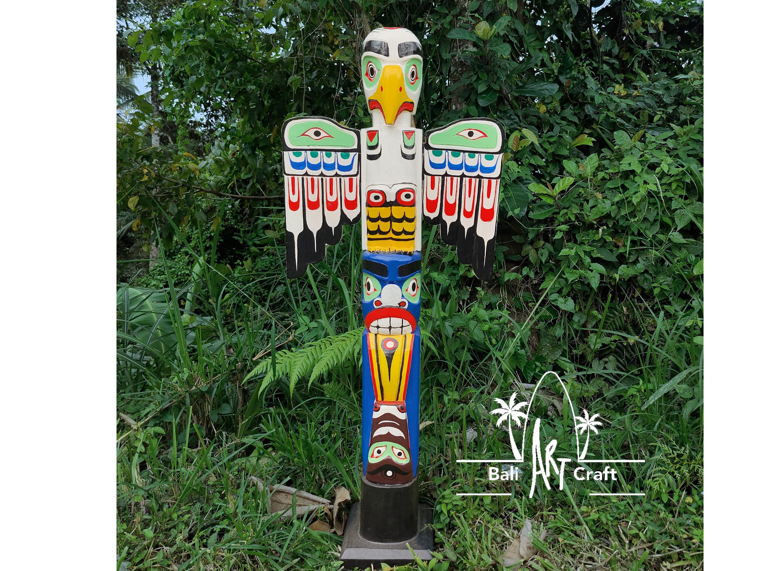 トーテムポール　木製　totem pole 39インチの木製トーテムポール：手彫りの鷲、ホーム＆ガーデン装飾、青