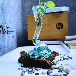 Circular Flower Vase Ethnic Molten Glass on Wood for Table Centerpieces Decor Dinner Wedding gift for her 9 inch