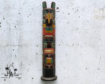 Hand-Carved Tribal Tiki Totem: Painted Wood Wall Hanging (39" Tall)