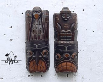 Geschnitzte Holz Totem Masken: Dunkel geschnitzte Vogel & Geist Wand Dekoration (2er Set)