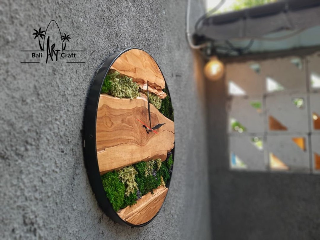 Rustic Metal & Teak Wood Wall Clock With Moss Accent - Etsy