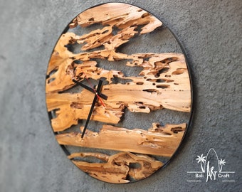 Rustic Teak Wood Wall Clock: Large Metal Frame, Unique Wood Art