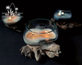 Castiçal exclusivo em forma de tigela de vidro fundido sobre madeira, 11,4 cm (4,5 polegadas)