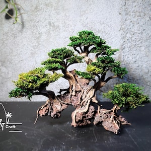 Puede incluir: Un &aacute;rbol bons&aacute;i en miniatura con follaje verde y ra&iacute;ces expuestas, montado sobre una base de roca marr&oacute;n texturizada. Las ramas del &aacute;rbol se extienden hacia afuera, creando una exhibici&oacute;n art&iacute;stica natural. El logotipo de Bali Art Craft est&aacute; en la esquina inferior izquierda.