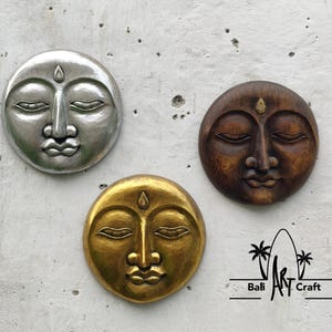 Three Faces of Peace Wooden Moon Face Wall Decor in Antique Earthbound Moon ,Golden Serenity and Modern Silver Moon - 13.7 Inch