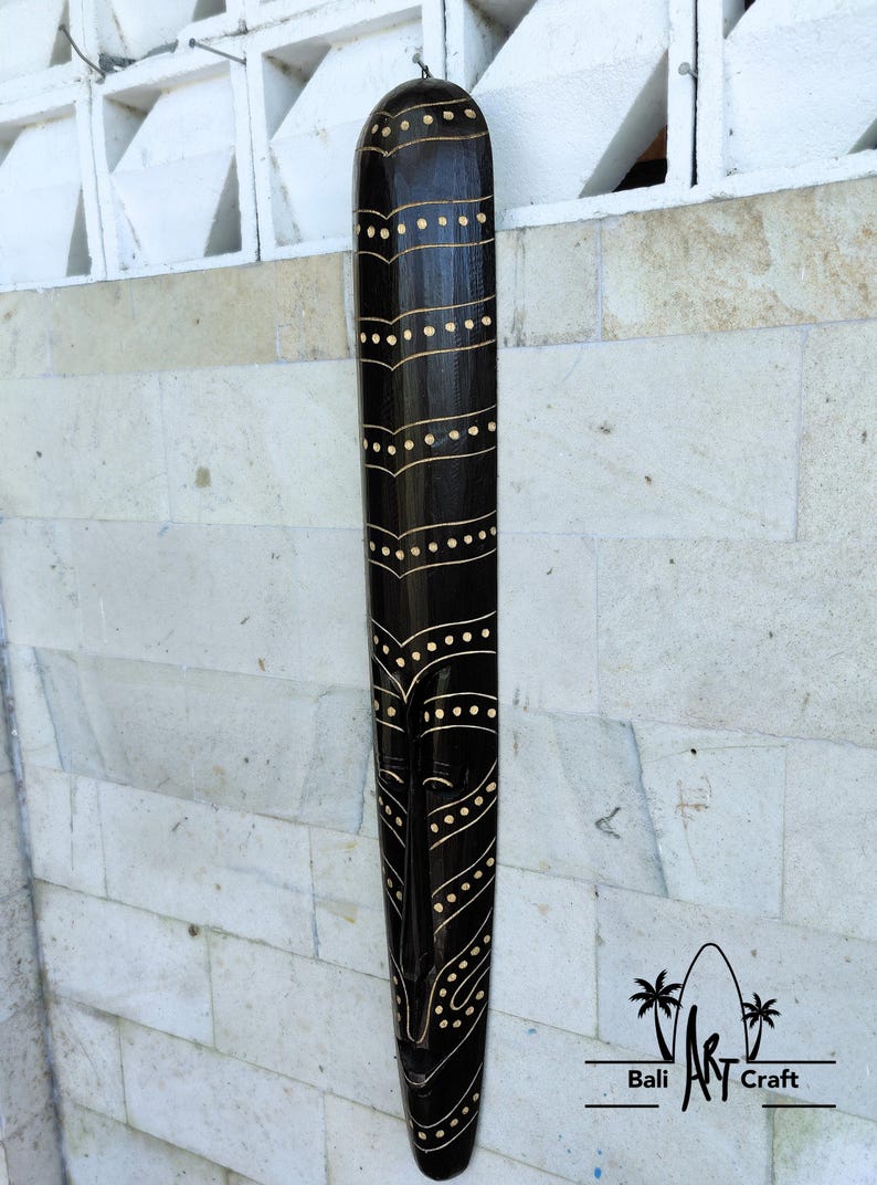 Hand-Carved Albesia Wood Tribal Mask: 38" Black & Gold Boho Wall Decor image 3